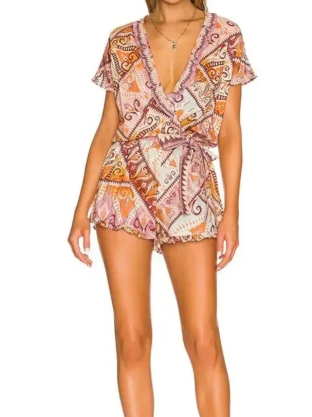 Agua Bendita Multicolor Paisley Tie-Waist Romper in Burgundy, Mustard & Sky